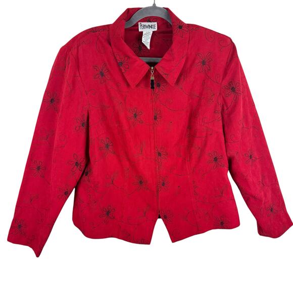 Periwinkle Vintage Red Faux Suede Floral Embroidered Full Zip Blazer Jacket 18 - Picture 1 of 5
